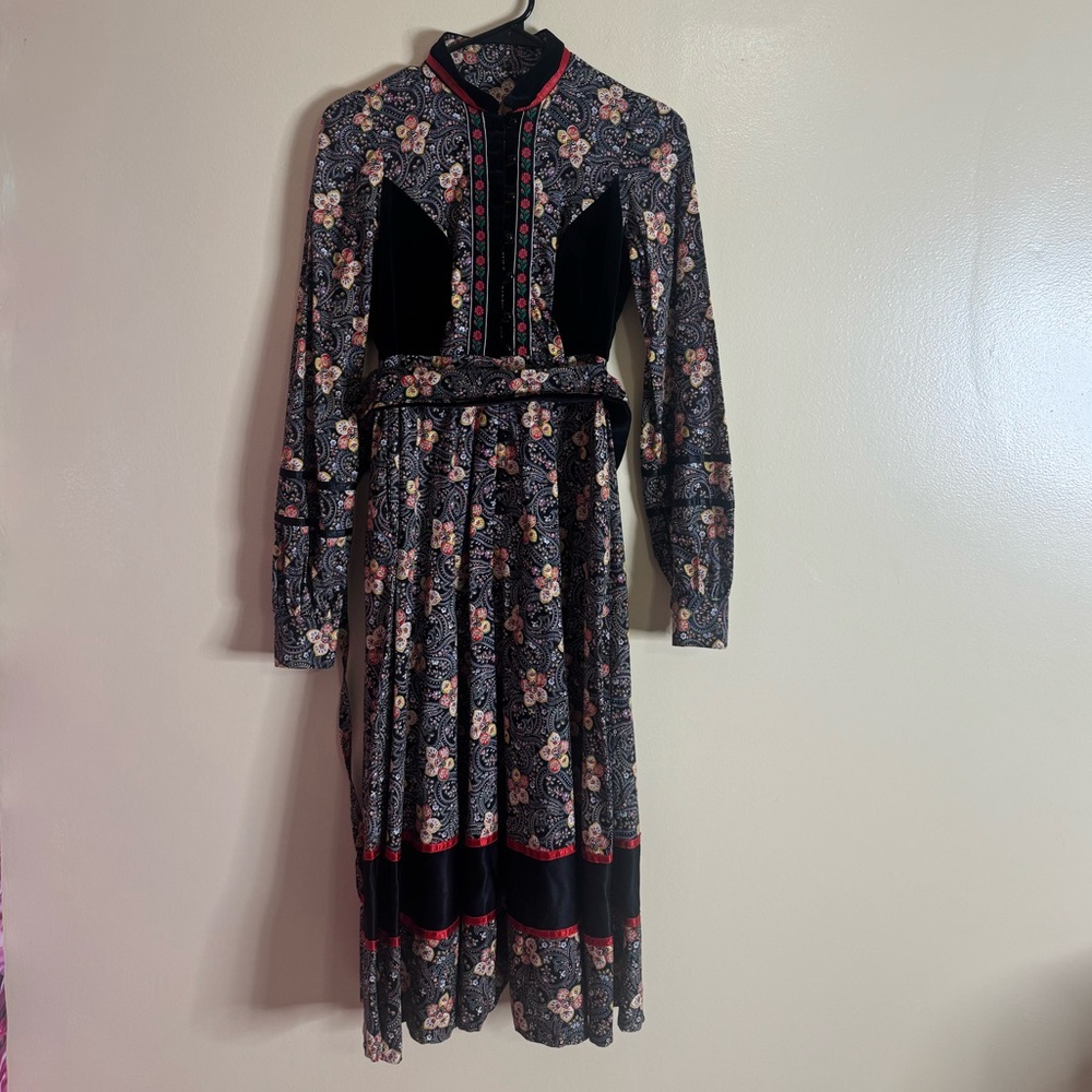 Vintage Rare Gunne Sax Floral Paisley Print Long Sleeve Dress Black and Red - Picture 2 of 13